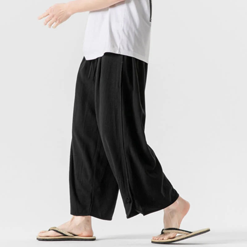 Buddha Stones Summer Plain Drawstring Design Linen Cotton Men's 7-8 Length Pants With Pockets