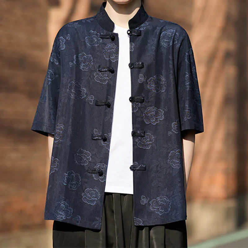 Buddha Stones Retro Frog Buttons Mandarin Collar Floral Jacquard Men's Short Sleeve Shirt