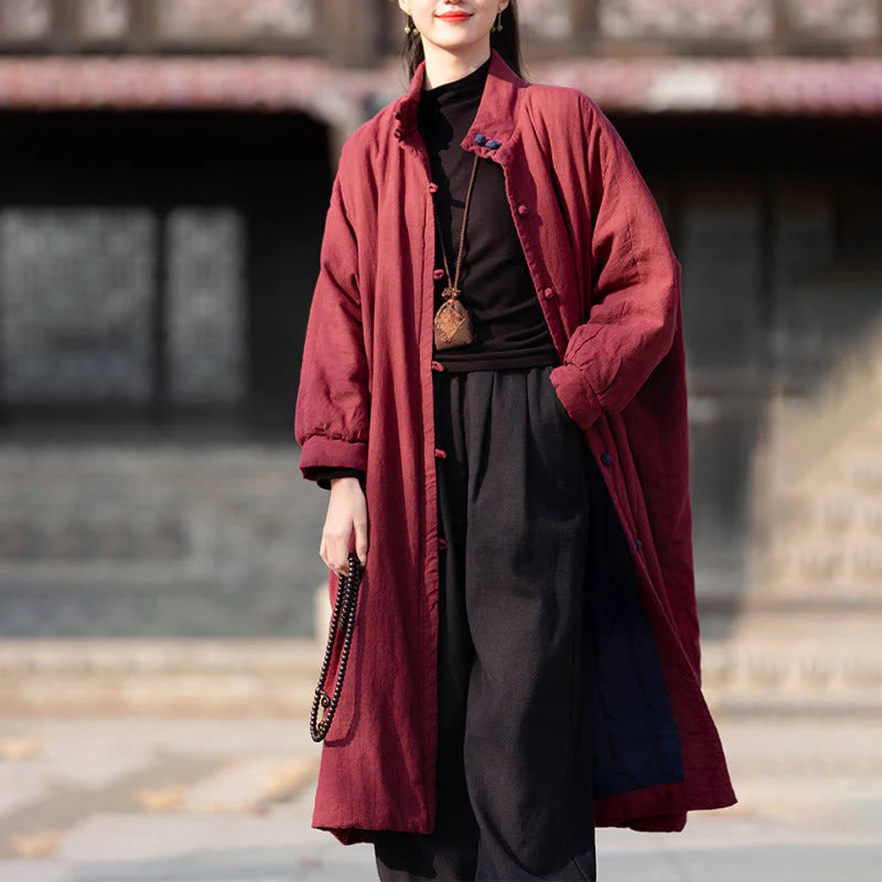 Buddha Stones Winter Solid Frog-Button Ramie Cotton Women's Long Sleeve Thermal Coat With Pockets
