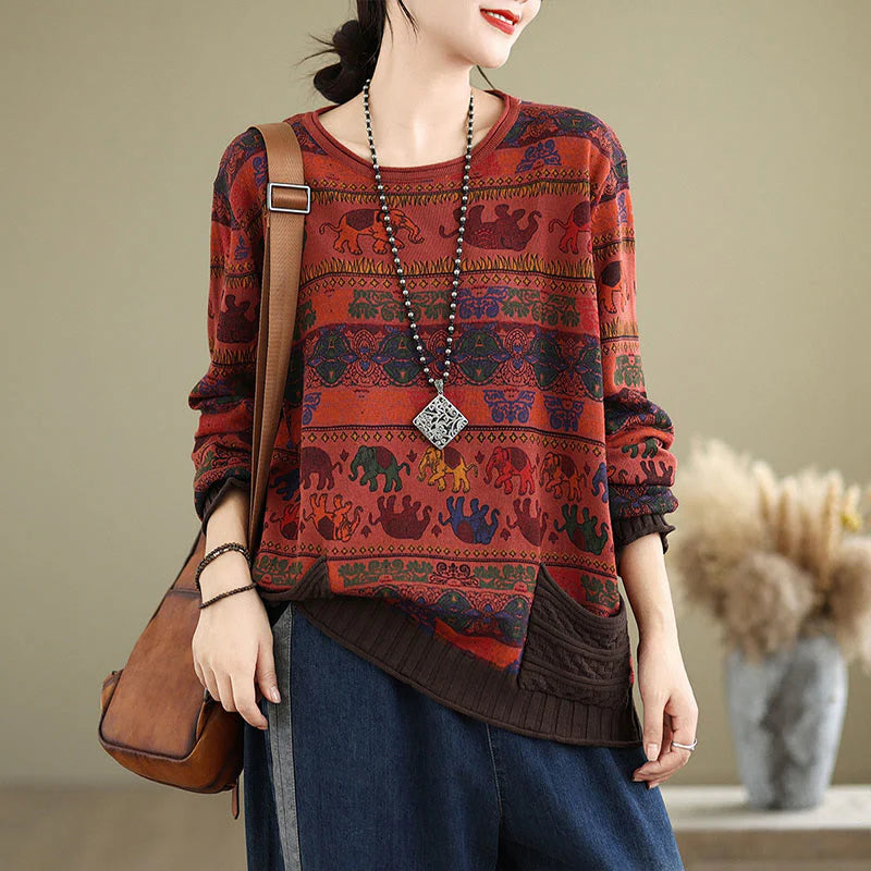 Buddha Stones Fall Elephant Pattern Knitted Cotton Women's Long Sleeve Sweater With Pockets