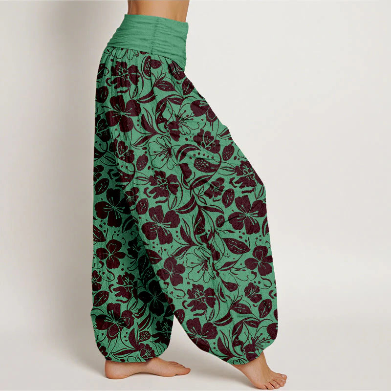 Buddha Stones Cotton Repeated Flowers Leaves Pattern Women's Elastic Waist Harem Pants