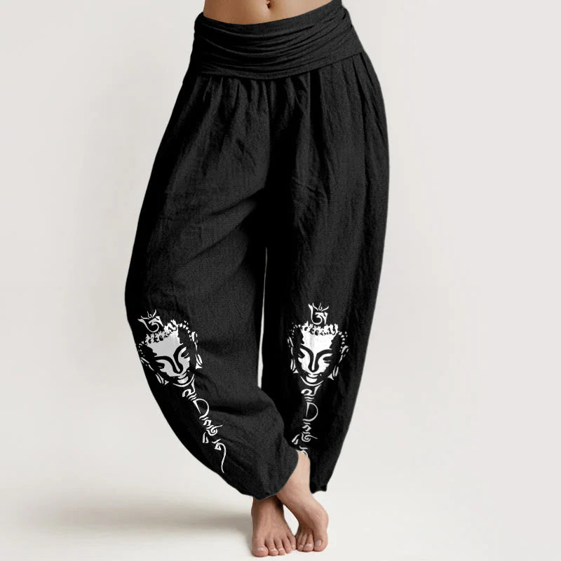 Buddha Stones Pure Cotton Concise Om Symbol Buddha Pattern Women's Elastic Waist Harem Pants