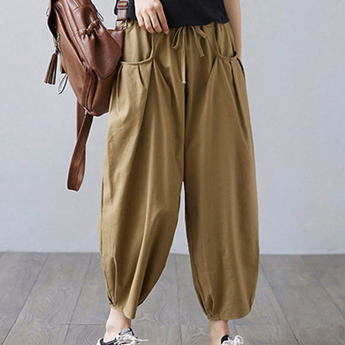 Buddha Stones Summer Plain Cropped Pants Women's Cotton Linen Harem Pants With Pockets