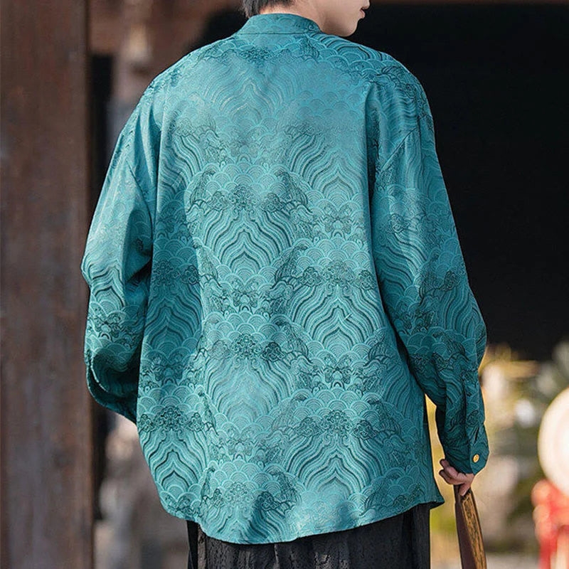 Buddha Stones Chinese Frog-Button Bamboo Shape Design Stand Collar Men's Long Sleeve Shirt