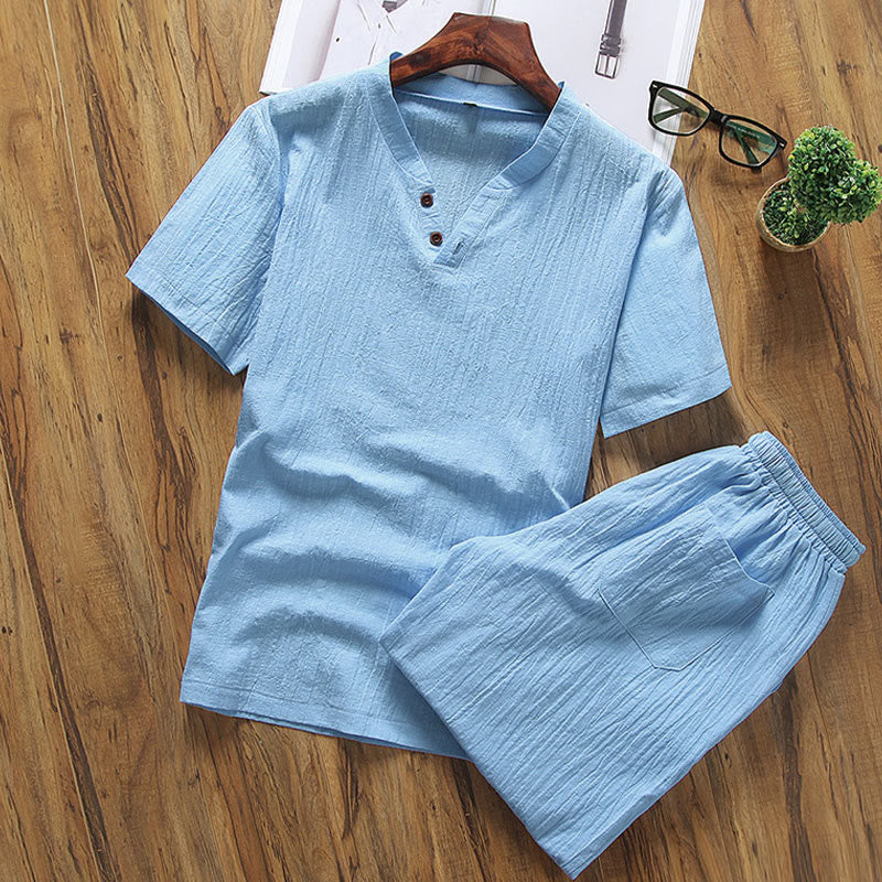 Buddha Stones Casual 2Pcs Plain Sleeve T-Shirt Shorts With Pockets Cotton Linen Men's Meditation Cloth Set