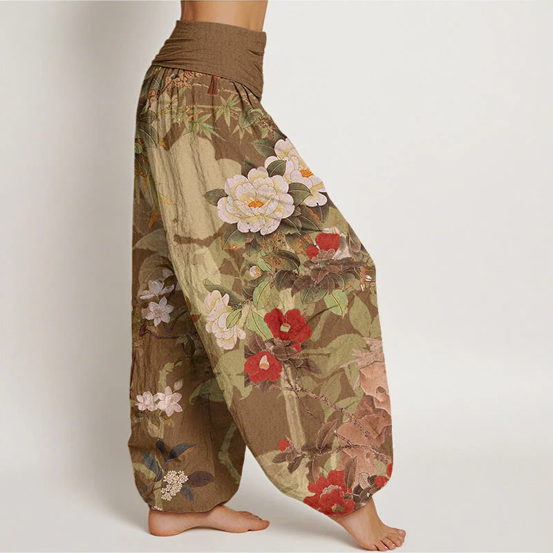 Buddha Stones Cotton Casual Peony Flowers Leaves Magpie Women's Elastic Waist Harem Pants