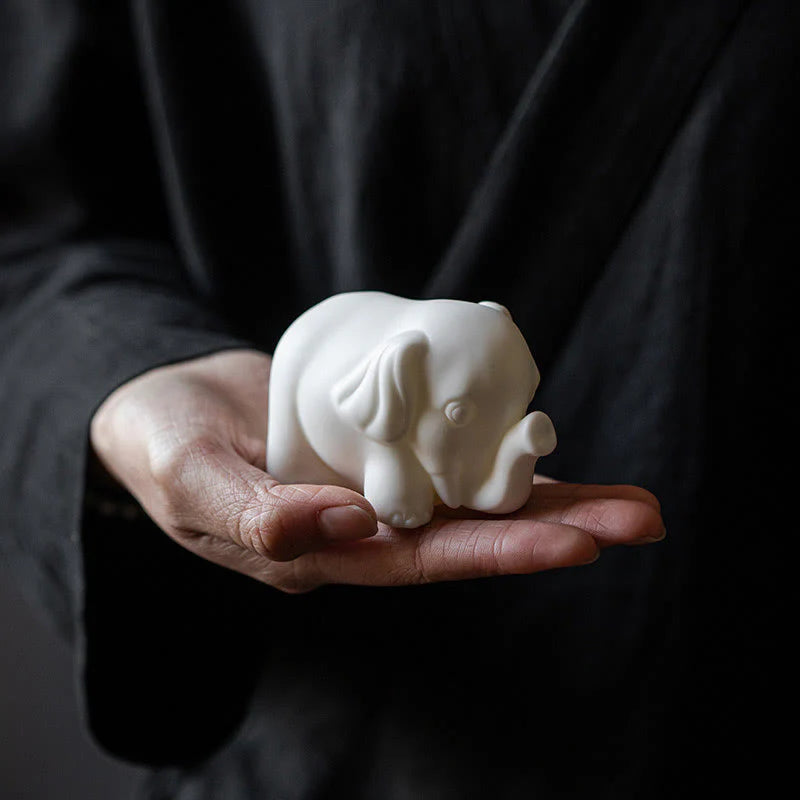 Buddha Stones Small Elephant Statue White Porcelain Ceramic Strength Home Desk Decoration