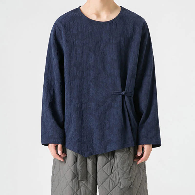 Buddha Stones Men's Chinese Frog-Button Plain Design Cotton Long Sleeve T-Shirt Zen Clothing