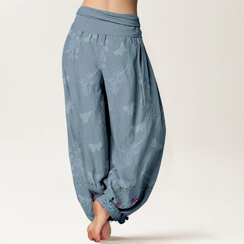 Buddha Stones Pure Cotton Trouser Legs Neatly Arranged Butterfly Grass Flower Pattern Women's Elastic Waist Harem Pants