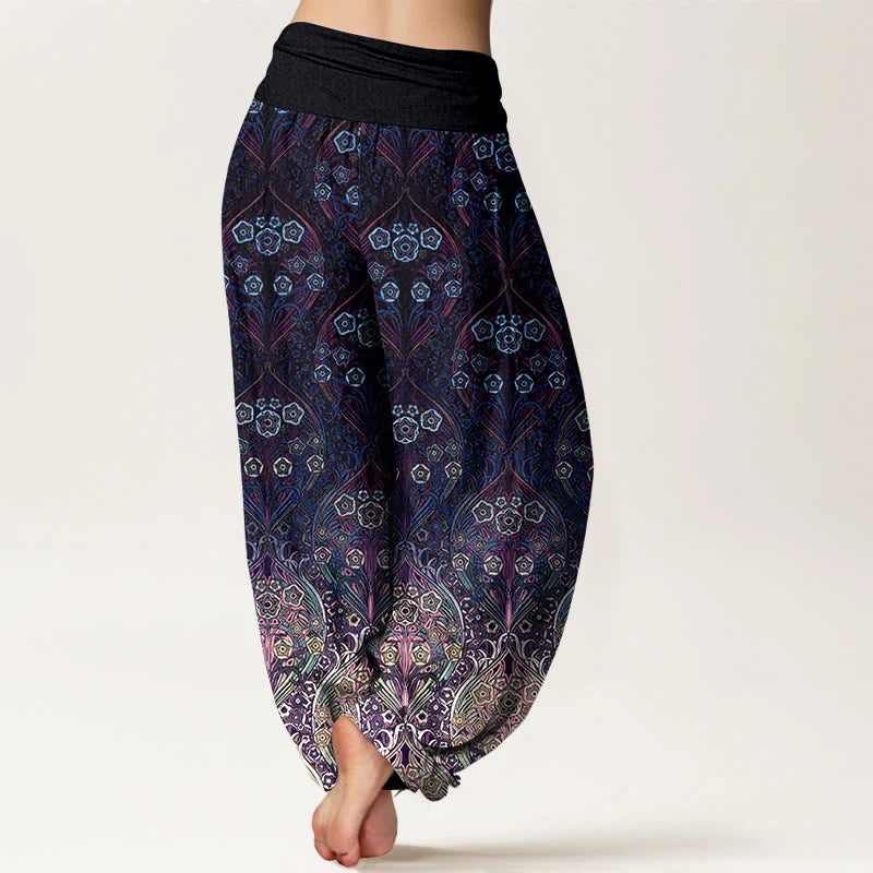 Buddha Stones Pure Cotton Retro Flower Pattern Women's Elastic Waist Harem Pants