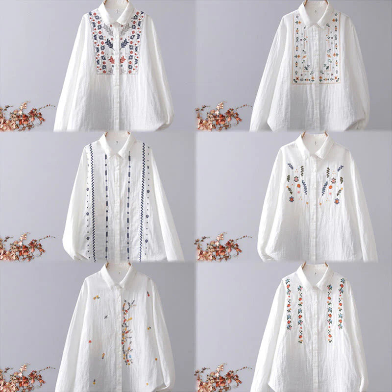 Buddha Stones Fall White Geometric Striped Flower Embroidery Button Women's Cotton Long Sleeve Shirt