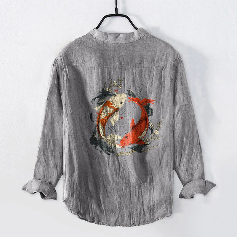 Buddha Stones Red White Koi Fish Yin Yang Pattern Half Buttons Men's Cotton Linen Long Sleeve Shirt