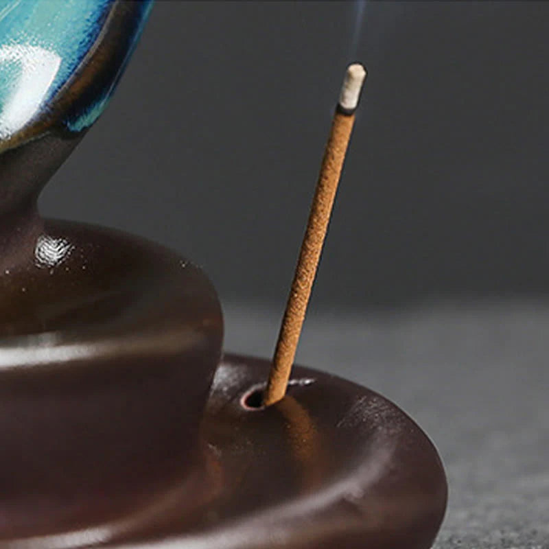 Buddha Stones Blue Crescent Moon Ceramic Backflow Smoke Fountain Meditation Candlestick Incense Burner Decoration
