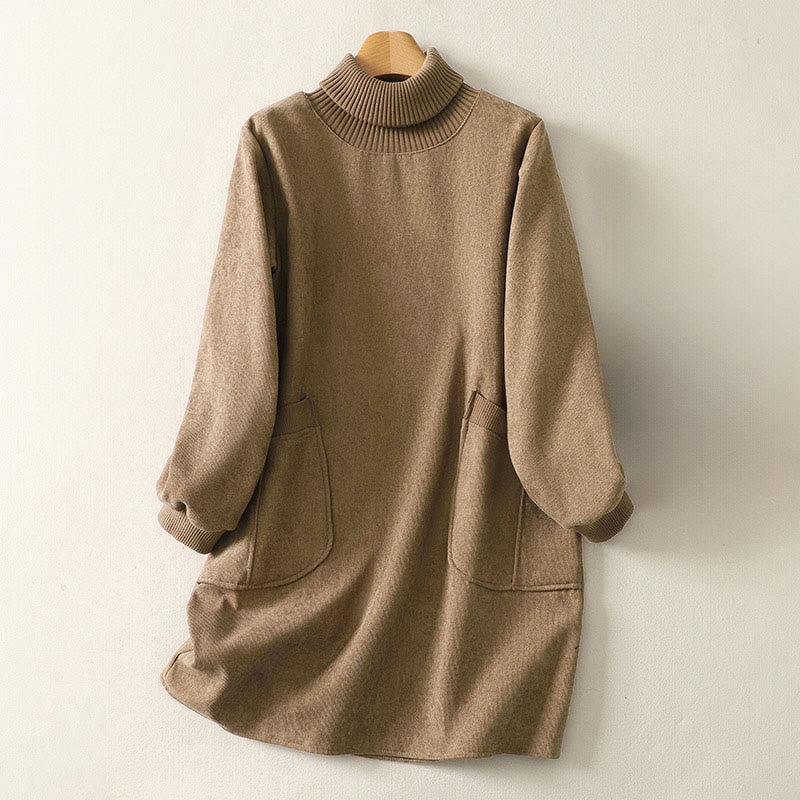 Buddha Stones Winter High Neck Warm Cotton Women's Long Sleeve Midi Dress With Pockets