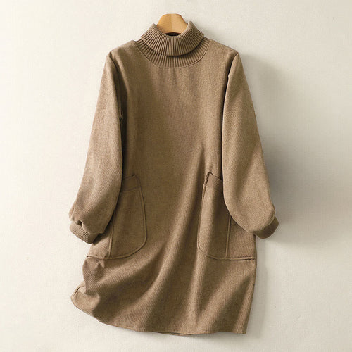 Buddha Stones Winter High Neck Warm Cotton Women's Long Sleeve Midi Dress With Pockets