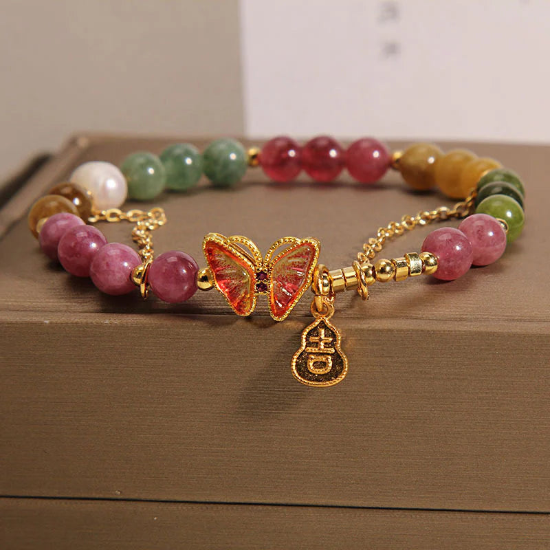 Buddha Stones Natural Colorful Tourmaline Butterfly Auspicious Character Gourd Charm Positive Bracelet (Extra 35% Off | USE CODE: FS35)
