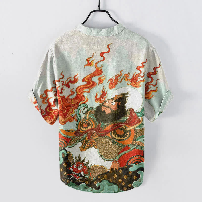 Buddha Stones Cotton Mythic Flame Print Men's Short Sleeve Half Button Shirt