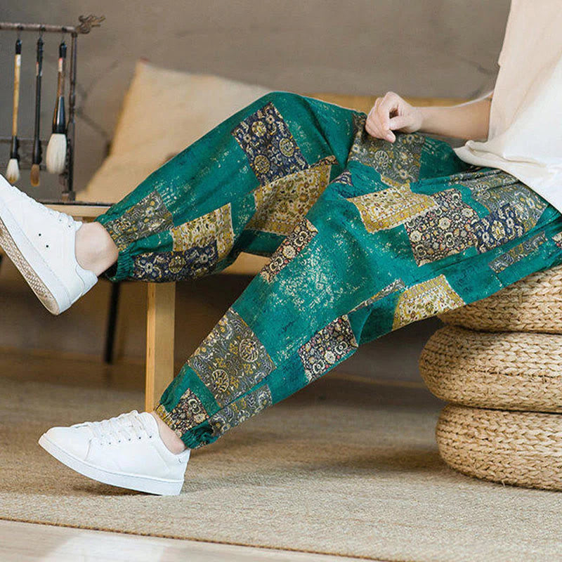 Buddha Stones Summer Square Patchwork Cotton Linen Men's Ankle-Length Harem Pants With Pockets