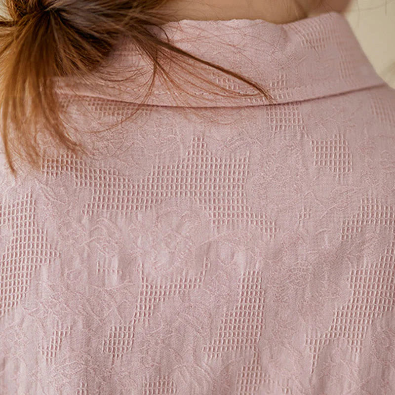 Buddha Stones Spring Plain Embroidered Flower Pattern Button Women's Long Sleeve Cotton Lapel Shirt