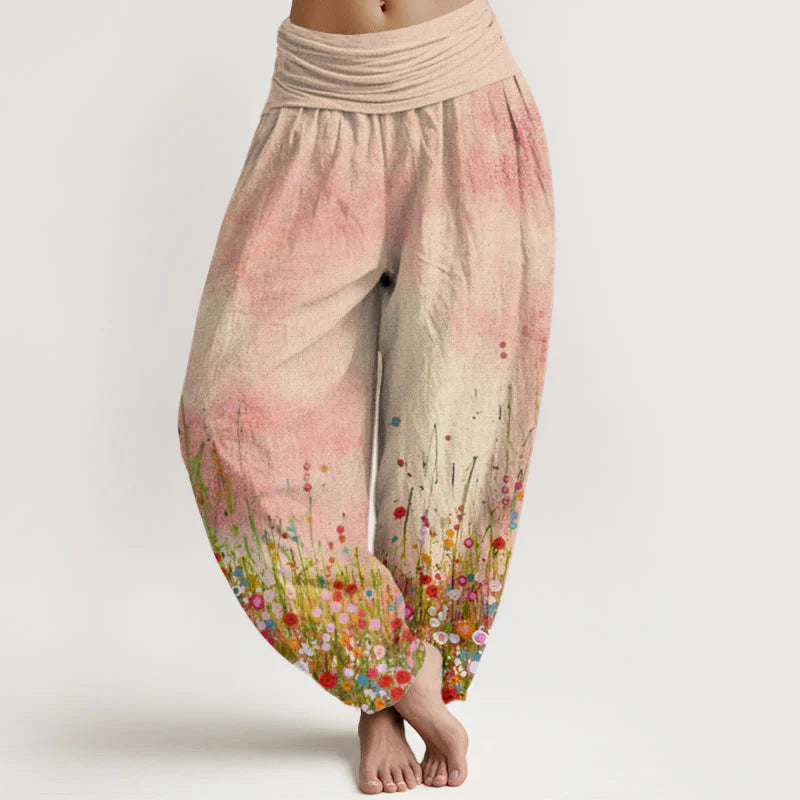 Buddha Stones Cotton Casual Colorful Wildflower Field Pattern Women's Elastic Waist Harem Pants