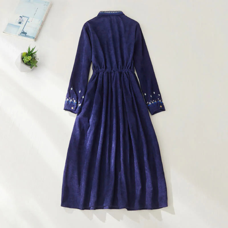 Buddha Stones Embroidered Floral Pattern Lace-up Design Long Sleeve Midi Dress With Pockets