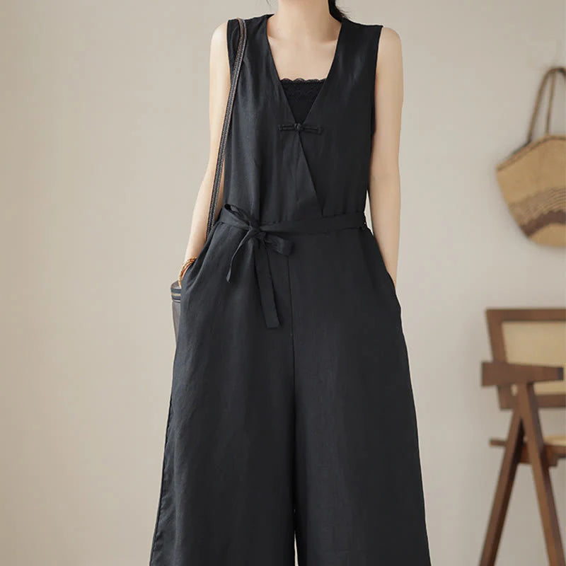 Buddha Stones Casual Lace-Up Simple Sleeveless Design Women's Cotton Linen Jumpsuit With Pockets