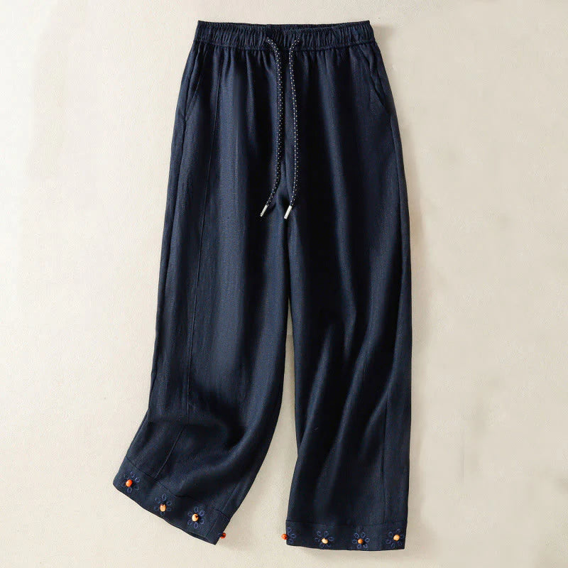 Buddha Stones Casual Embroided Bead Drawstring Women's Wide Leg Cotton Pants With Pockets