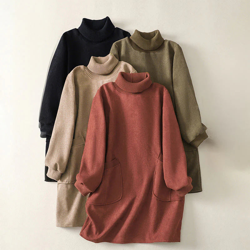 Buddha Stones Winter High Neck Warm Cotton Women's Long Sleeve Midi Dress With Pockets