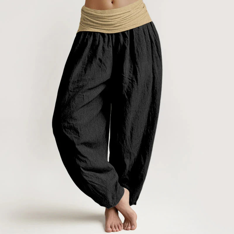 Buddha Stones Cotton Brown Blue Black Solid Color Women's Elastic Waist Harem Pants