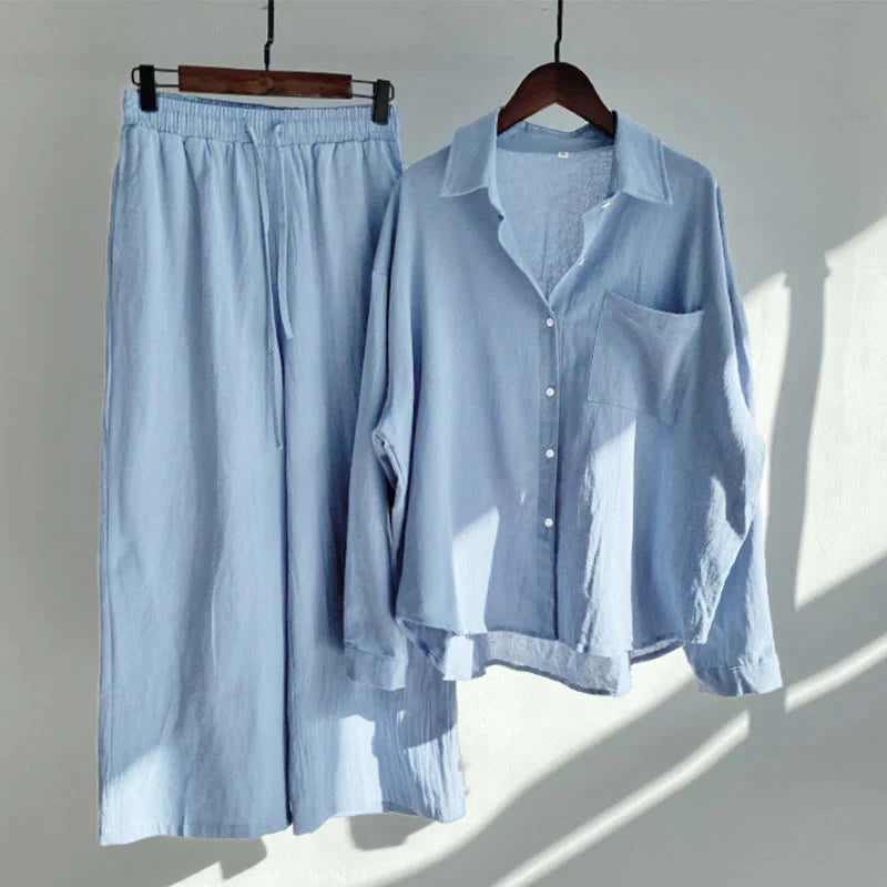 Buddha Stones 2Pcs Long Sleeve Shirt Top With Pockets Drawstring Pants Meditation Cotton Clothing Women's Set
