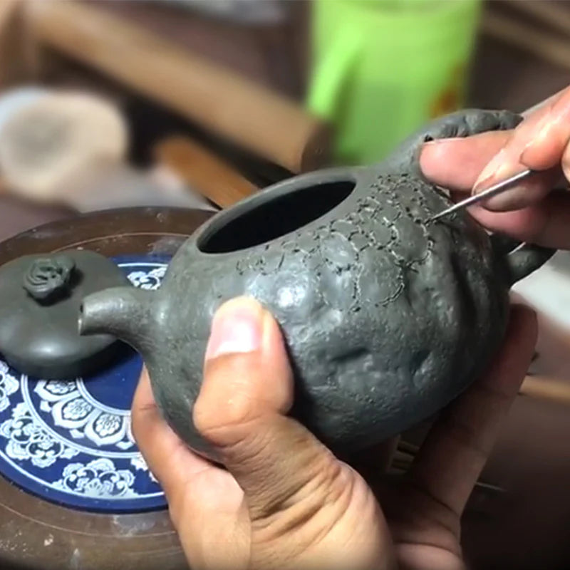 Buddha Stones Handmade Vintage Tree Texture Purple Clay Kung Fu Teapot 220ml