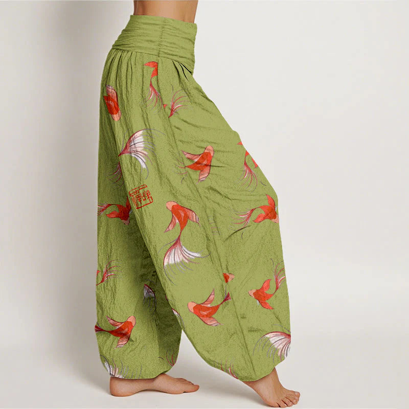 Buddha Stones Print Pure Cotton Koi Fish Pattern Women's Elastic Waist Harem Pants