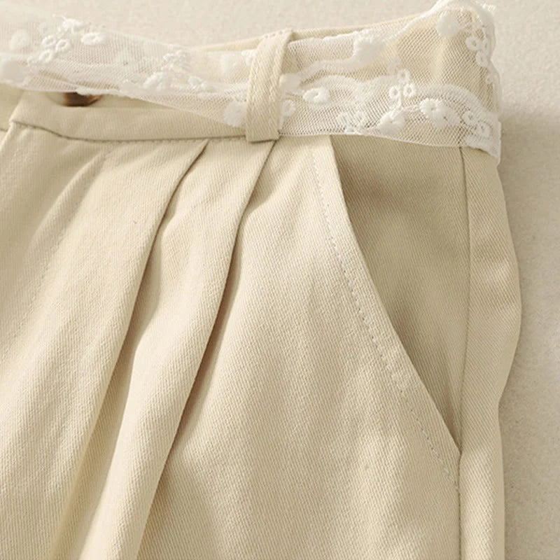 Buddha Stones Daily Solid Color Lace Belt Women's Wide Leg Cotton Pants With Pockets
