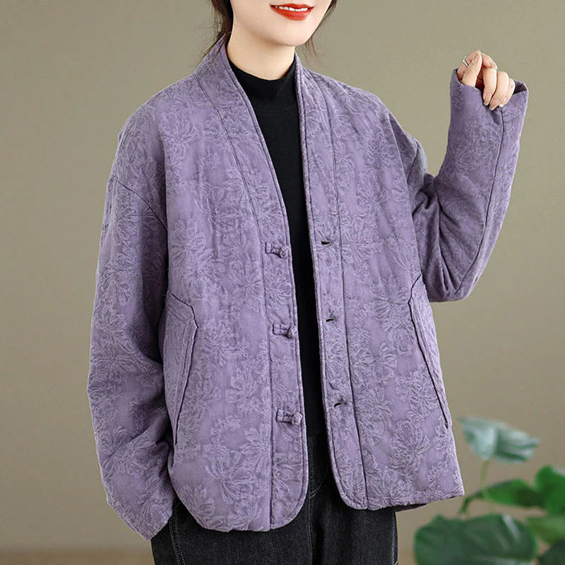 Buddha Stones Winter V-Neck Jacquard Frog-Button Cotton Long Sleeve Women's Thermal Jacket With Pockets