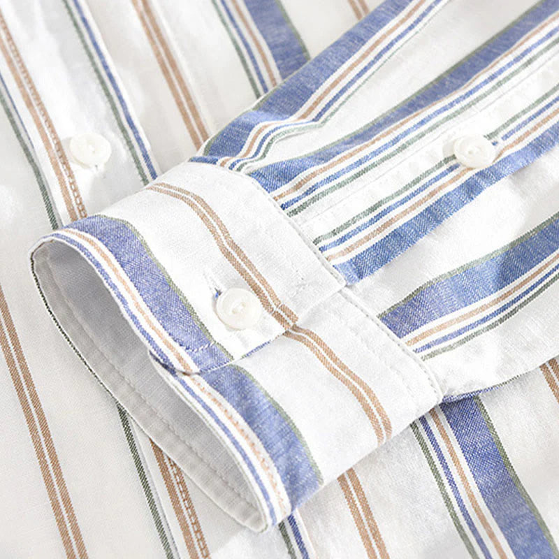 Buddha Stones Fall Stripe Decorative Pocket Buttons Down Long Sleeve Three Quarter Sleeve Short Sleeve Men's Cotton Shirt