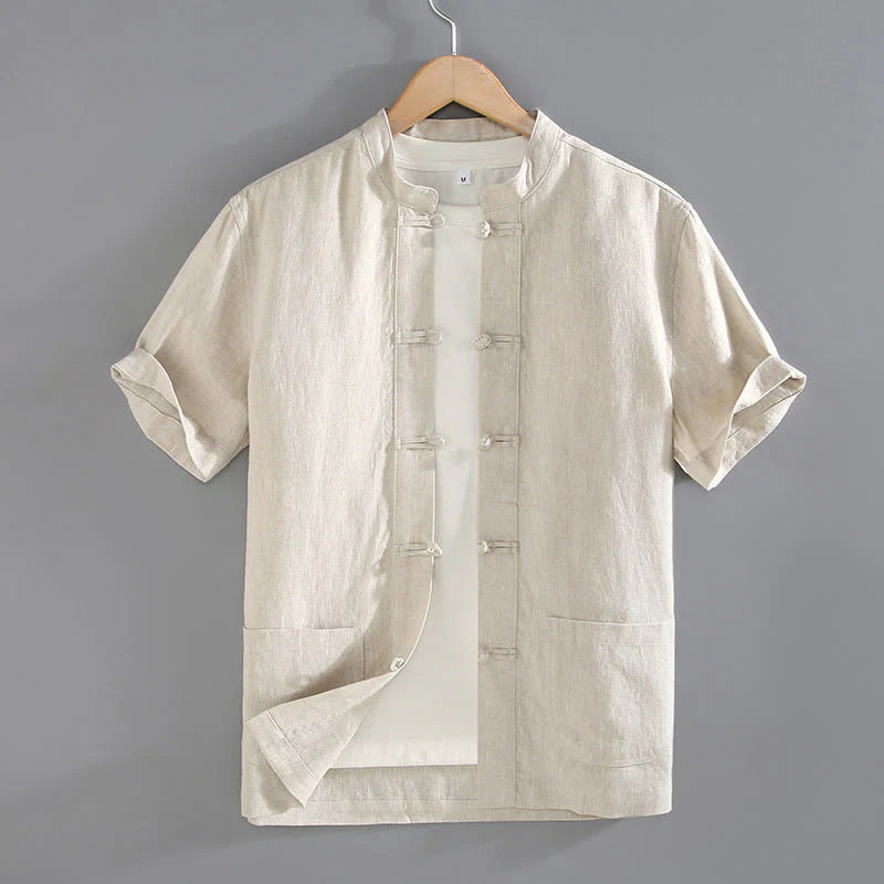 Buddha Stones Vintage Plain Tang Suit Chinese Frog-Button Men's Shirt With Pockets