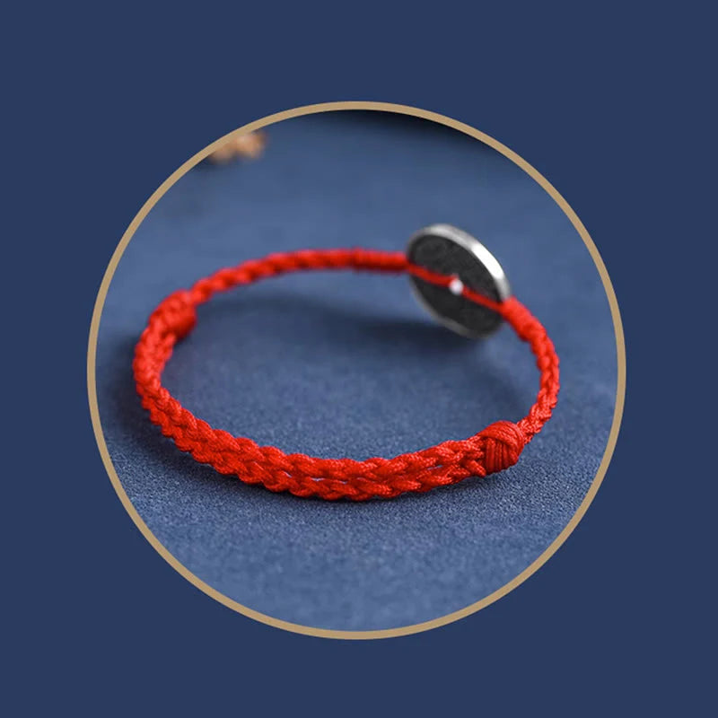 Buddha Stones 925 Sterling Silver Coin Protection Braided Bracelet Anklet