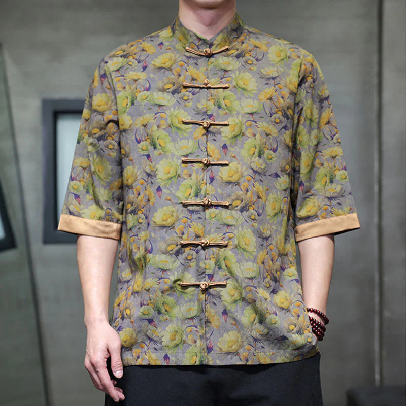 Buddha Stones Summer Colorful Floral Leaves Pattern Short Sleeve Frog-button Design Men's Cotton Shirt