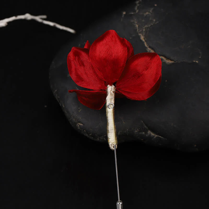 Buddha Stones Cultural Heritage Handcrafted Silk Art Red Camellia Blessing Sincerity Brooch