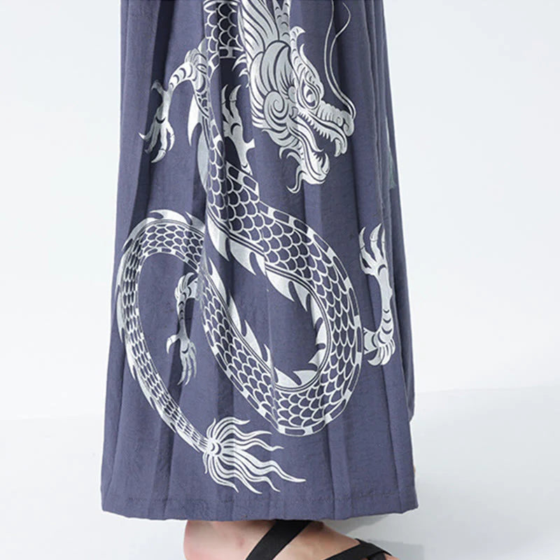 Buddha Stones Summer Dragon Drawstring Design Cotton Ankle-Length Men's Wide Leg Pants With Pockets