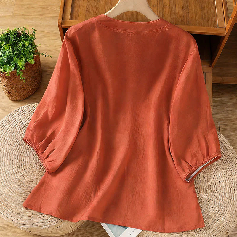 Buddha Stones Frog-button Stand Collar Embroidered Flower Elastic Cuff Three Quarter Sleeve Women's Shirt
