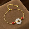 Buddha Stones Peace Buckle Hetian White Jade Copper Plated Gold Protection Bracelet