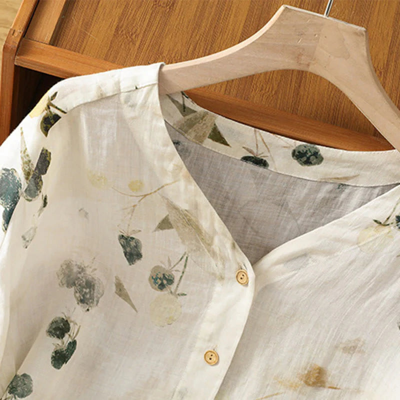 Buddha Stones Plant Printed V-neck Button Design Women's Polyester Three Quarter Sleeve Shirt Cardigan