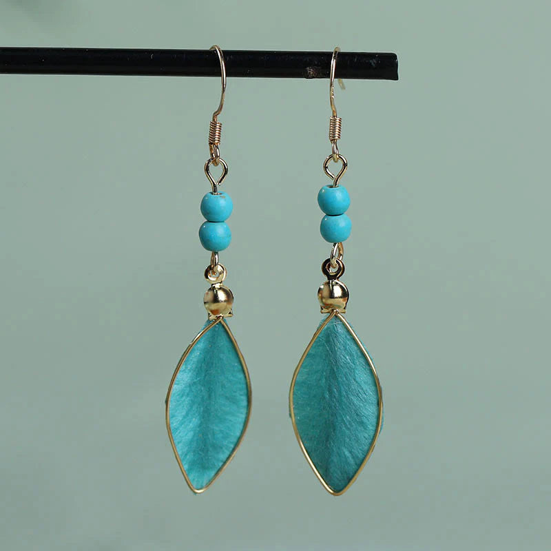 Buddha Stones Boho Handcrafted Silk Art Bead Leave Shape Good Fortune Hook Dangle Earrings