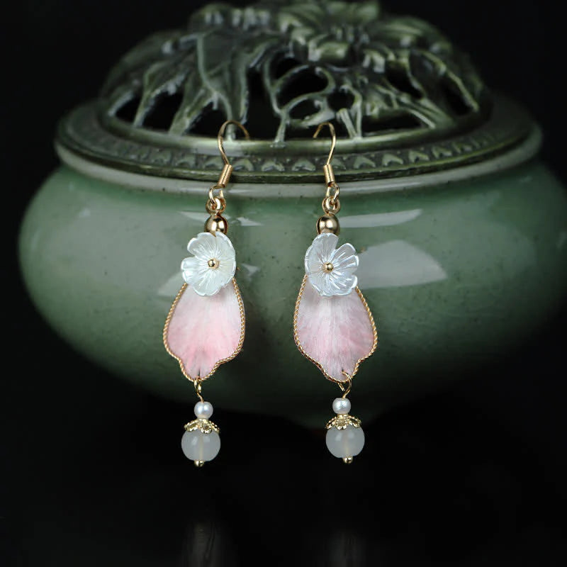 Buddha Stones Handcrafted Silk Art Petal Good Fortune Blessing Dangle Hook Earrings