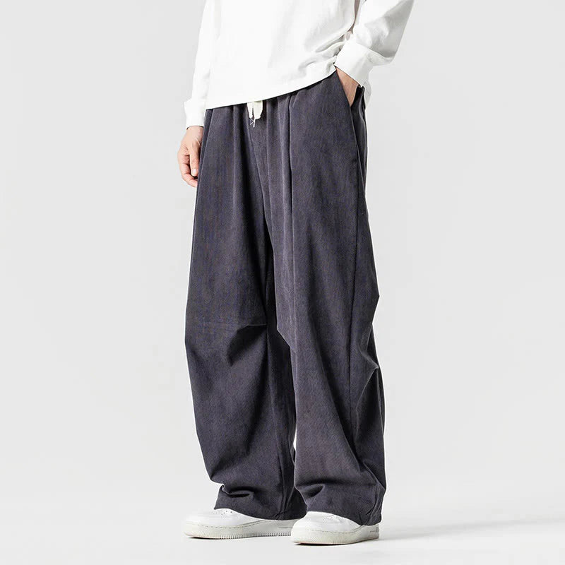 Buddha Stones Winter Drawstring Corduroy Cotton Men's Wide Leg Pants With Pockets
