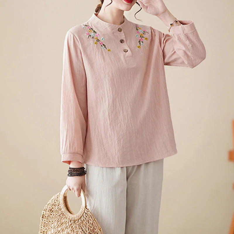 Buddha Stones Women's Spring Embroidered Flower Pattern Stand Collar Long Sleeve Cotton Shirt