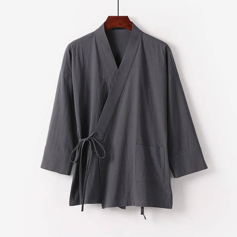 Buddha Stones 2Pcs Fall Lace-up Cotton Kimono Ankle-Length Wide Leg Pants With Pockets Men's Meditation Cloth Set