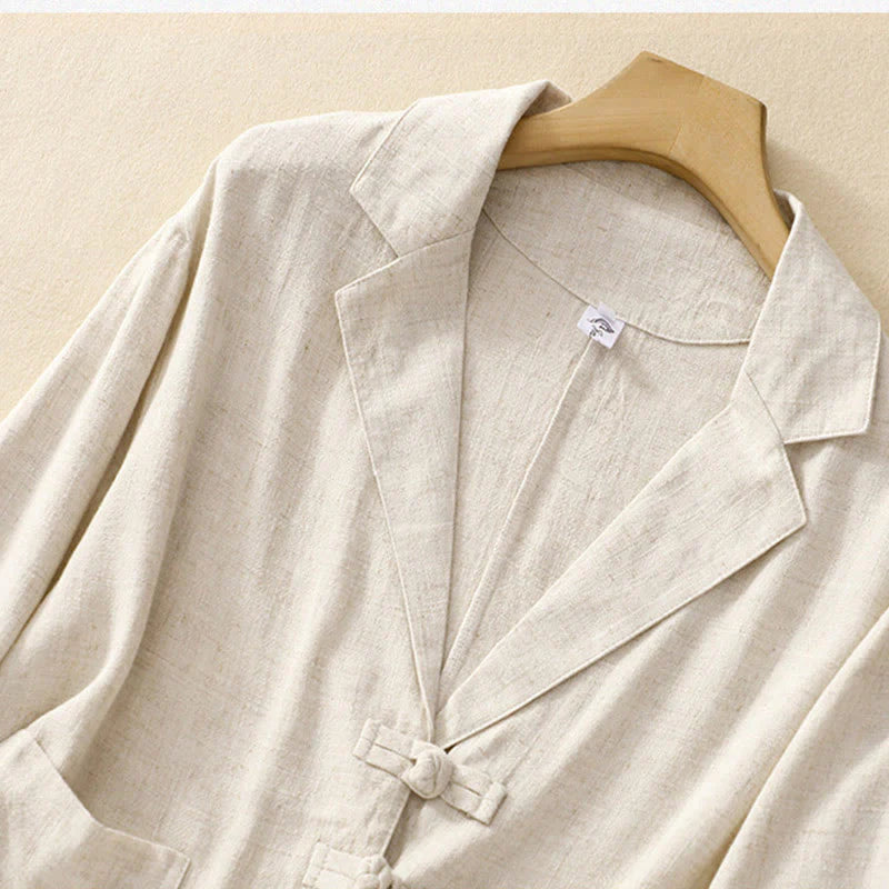 Buddha Stones Women's Cotton Linen Frog-Button Long Sleeve Jacket With Pockets