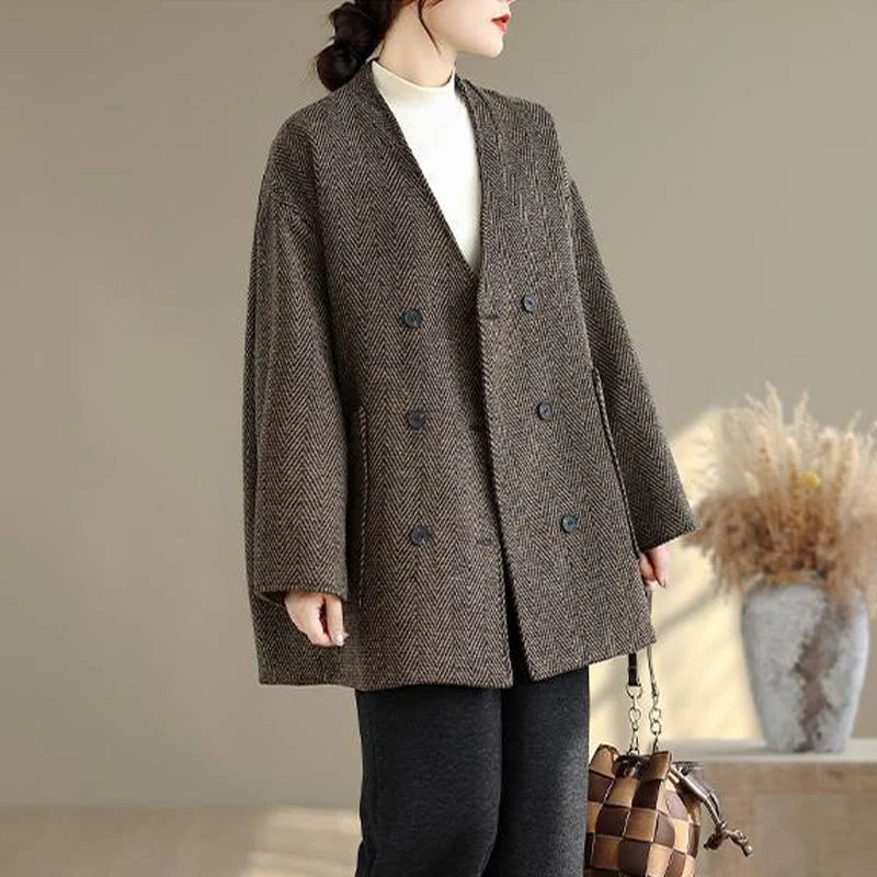 Buddha Stones Stripe V-Neck Cotton Long Sleeve Women's Coat With Pockets